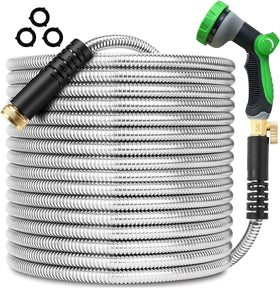 Celiamusing 150ft metal garden hose with solid metal connectors for easy setup.