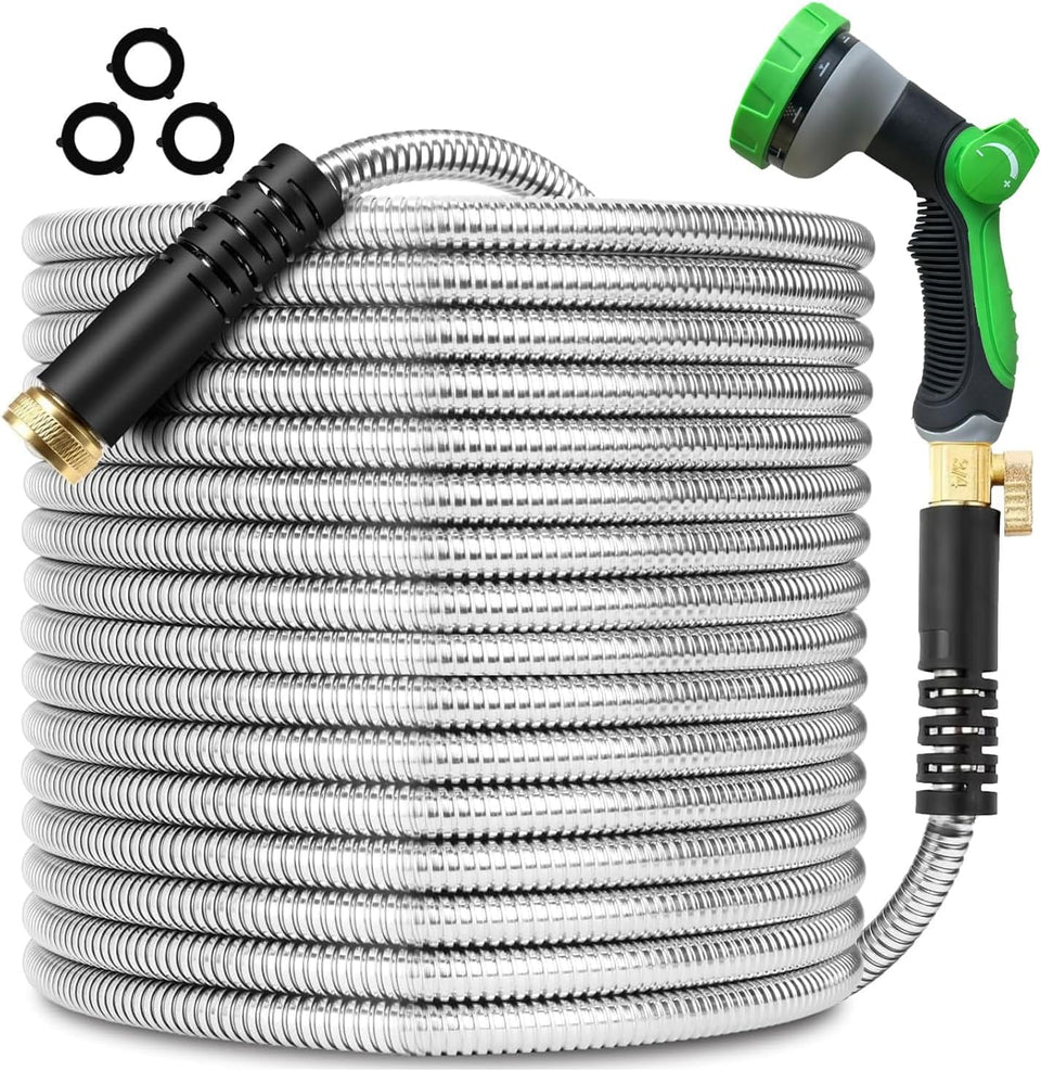 Celiamusing 150ft metal garden hose with solid metal connectors for easy setup.