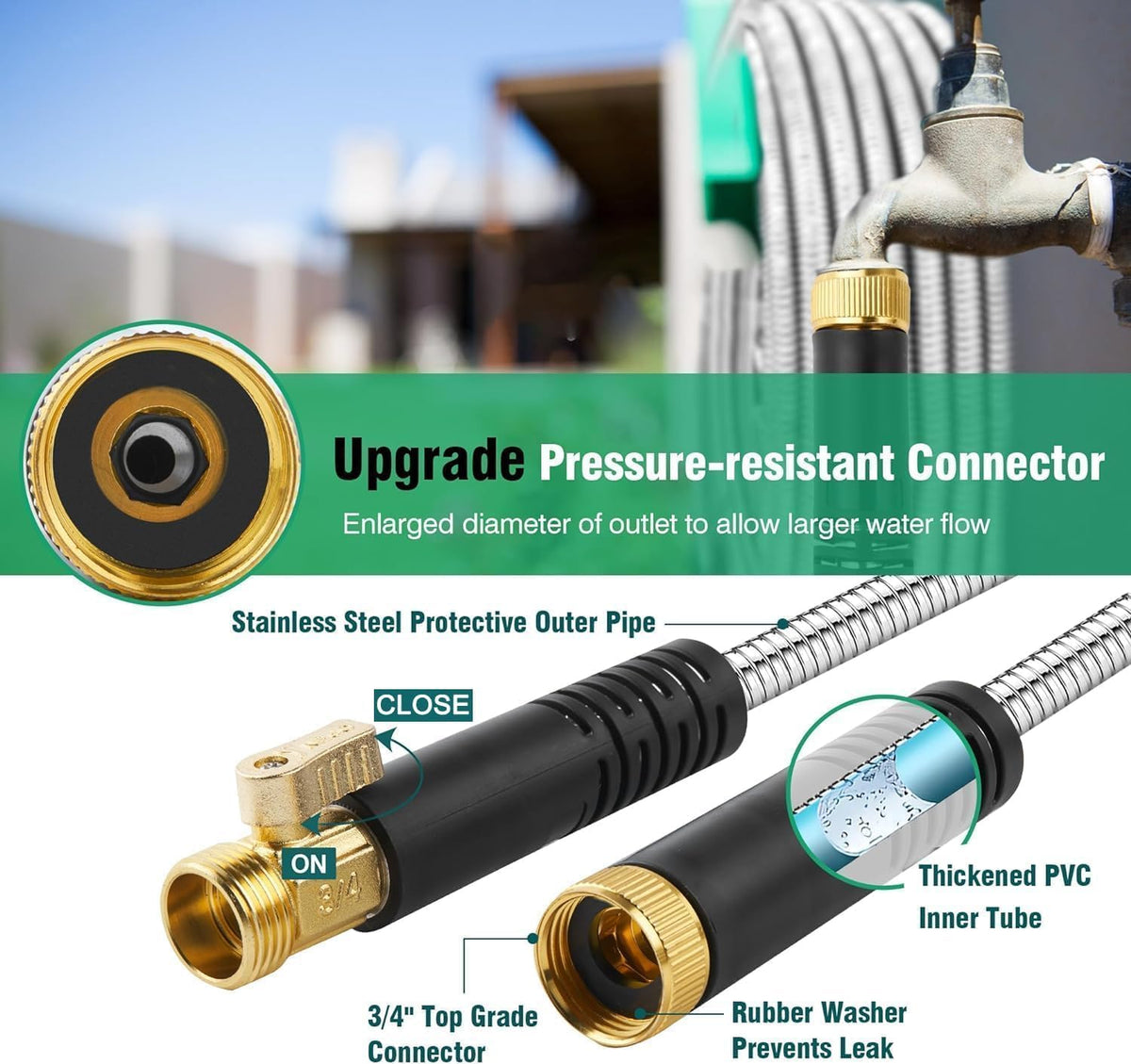 Celiamusing hose with stainless steel casing showing rust-proof durability.