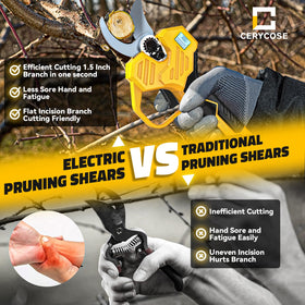 Cerycose electric pruner cutting a thick branch around two inches in diameter.