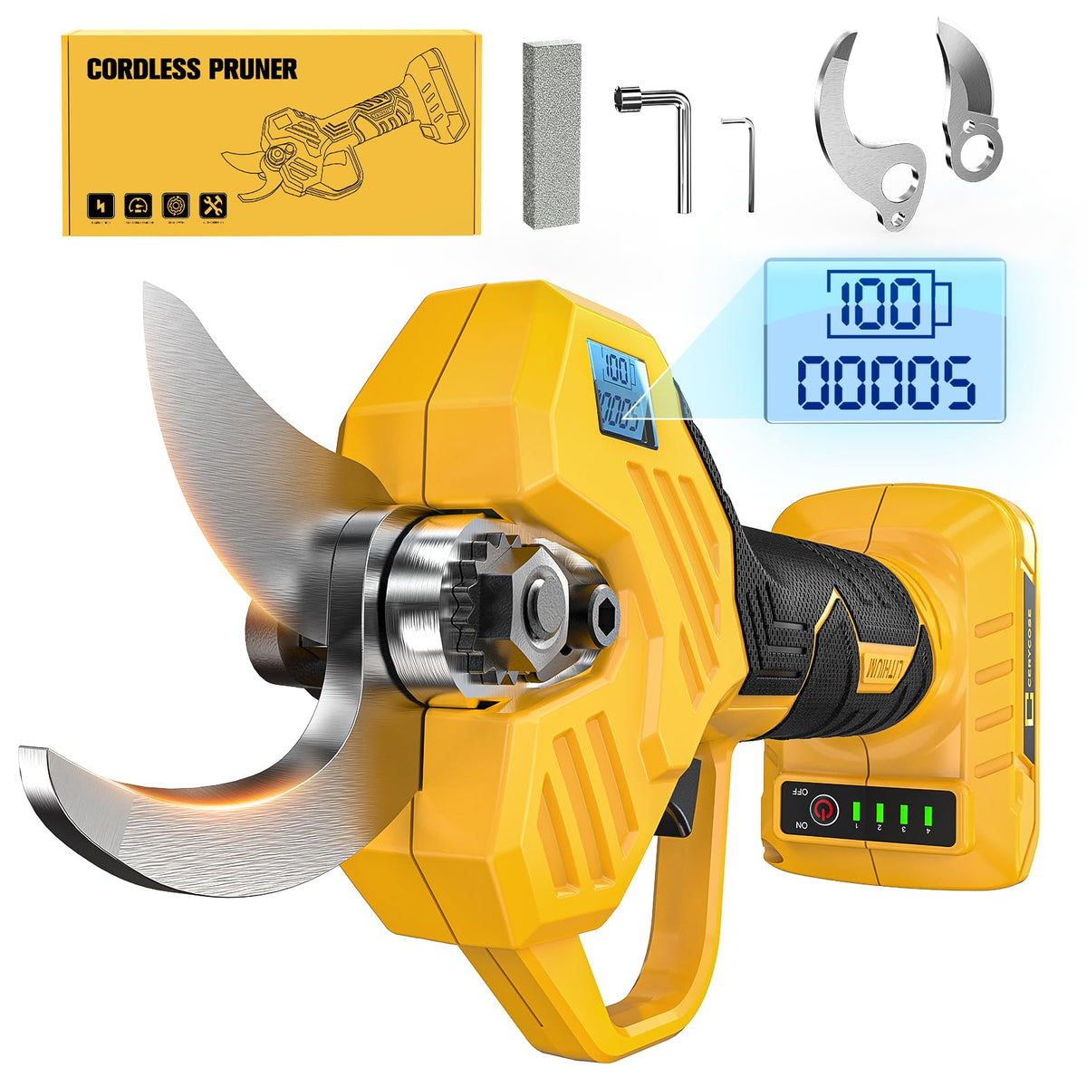 Cerycose electric pruning shears showing DeWalt 20V compatibility for cordless pruning.
