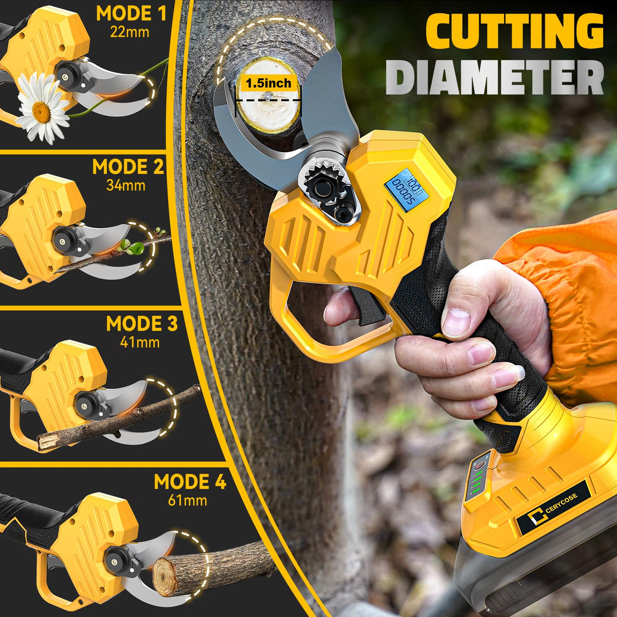 Cerycose pruner LCD display close-up highlighting real time pruning data.