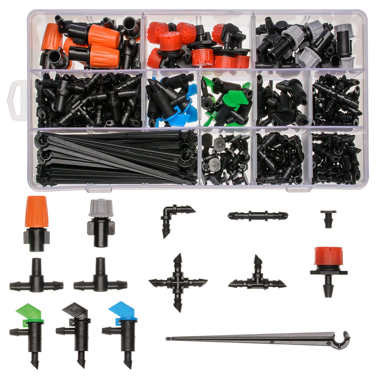 CESTAME 190-piece barbed irrigation kit in a box for easy storage and setup.