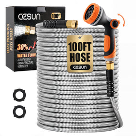 Cesun 100ft metal garden hose shown for durable yard watering and flexibility
