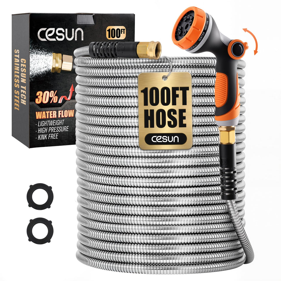 Cesun 100ft metal garden hose shown for durable yard watering and flexibility