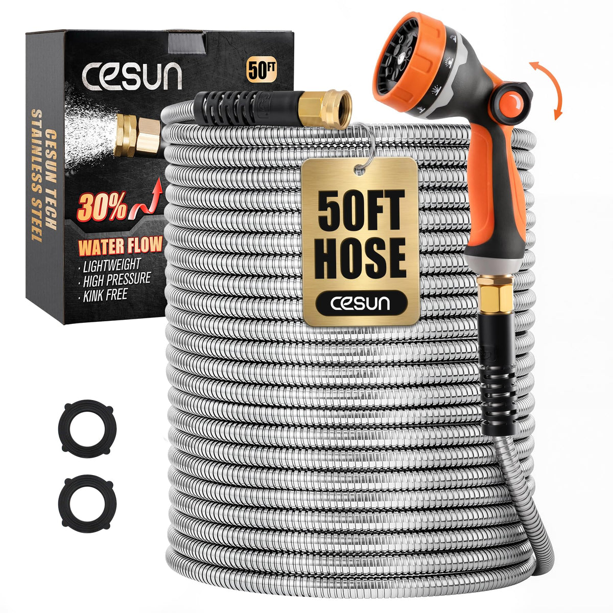 Cesun 50 ft metal garden hose, durable for yard tasks and everyday watering.