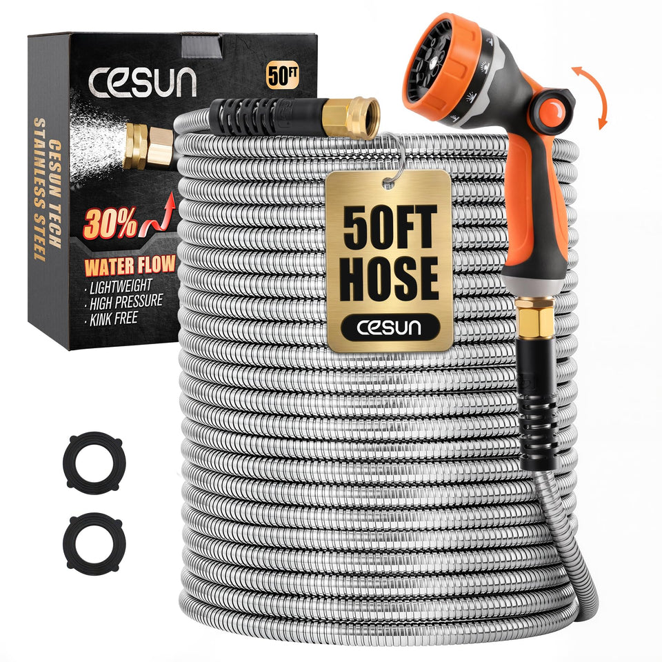 Cesun 50 ft metal garden hose, durable for yard tasks and everyday watering.