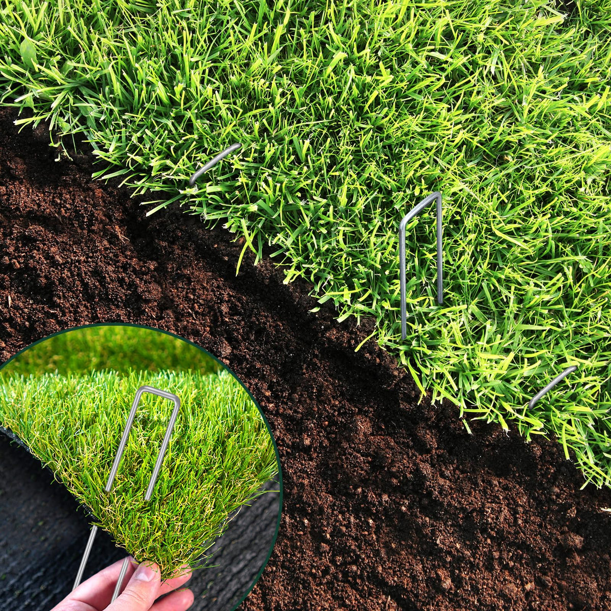 CEWOR 6-inch stakes secure drip irrigation lines and sod installations.