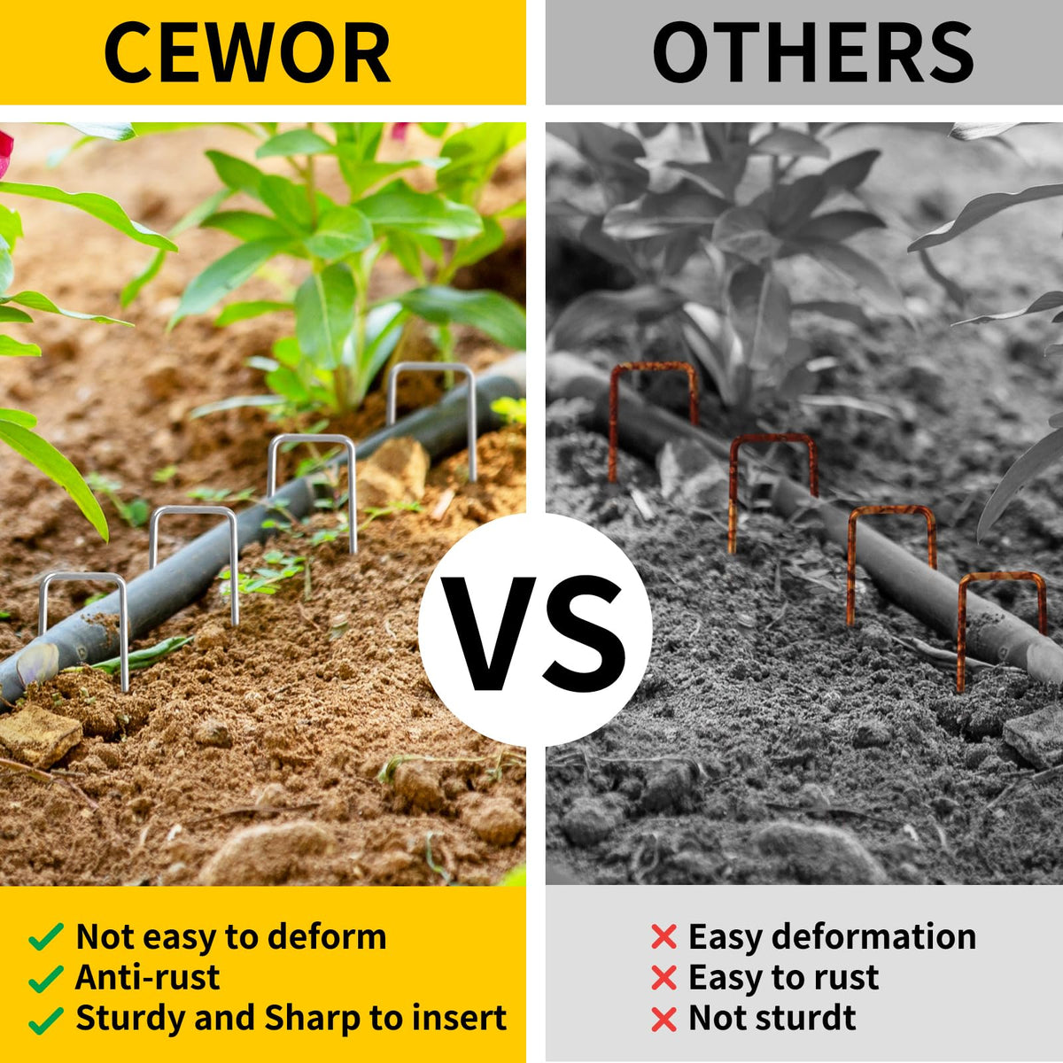 CEWOR sharp ends enable easy penetration through sod and fabric