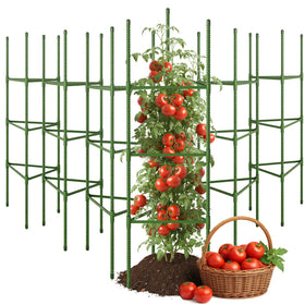 CEWOR tomato cage 6-pack packaging provides durable plant support for a busy vegetable garden.