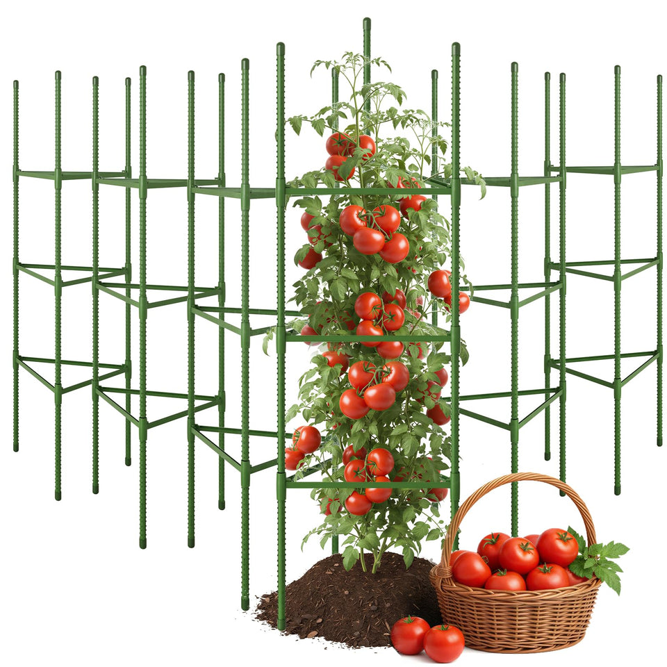 CEWOR tomato cage 6-pack packaging provides durable plant support for a busy vegetable garden.