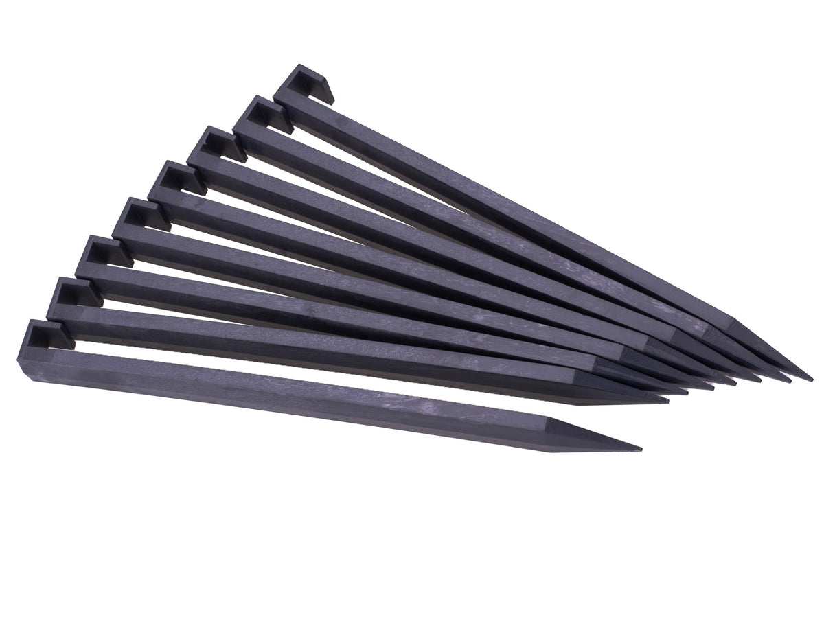 CFUTABOH plastic spikes for weed barrier installation in garden beds.
