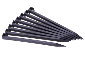 CFUTABOH plastic spikes for weed barrier installation in garden beds.