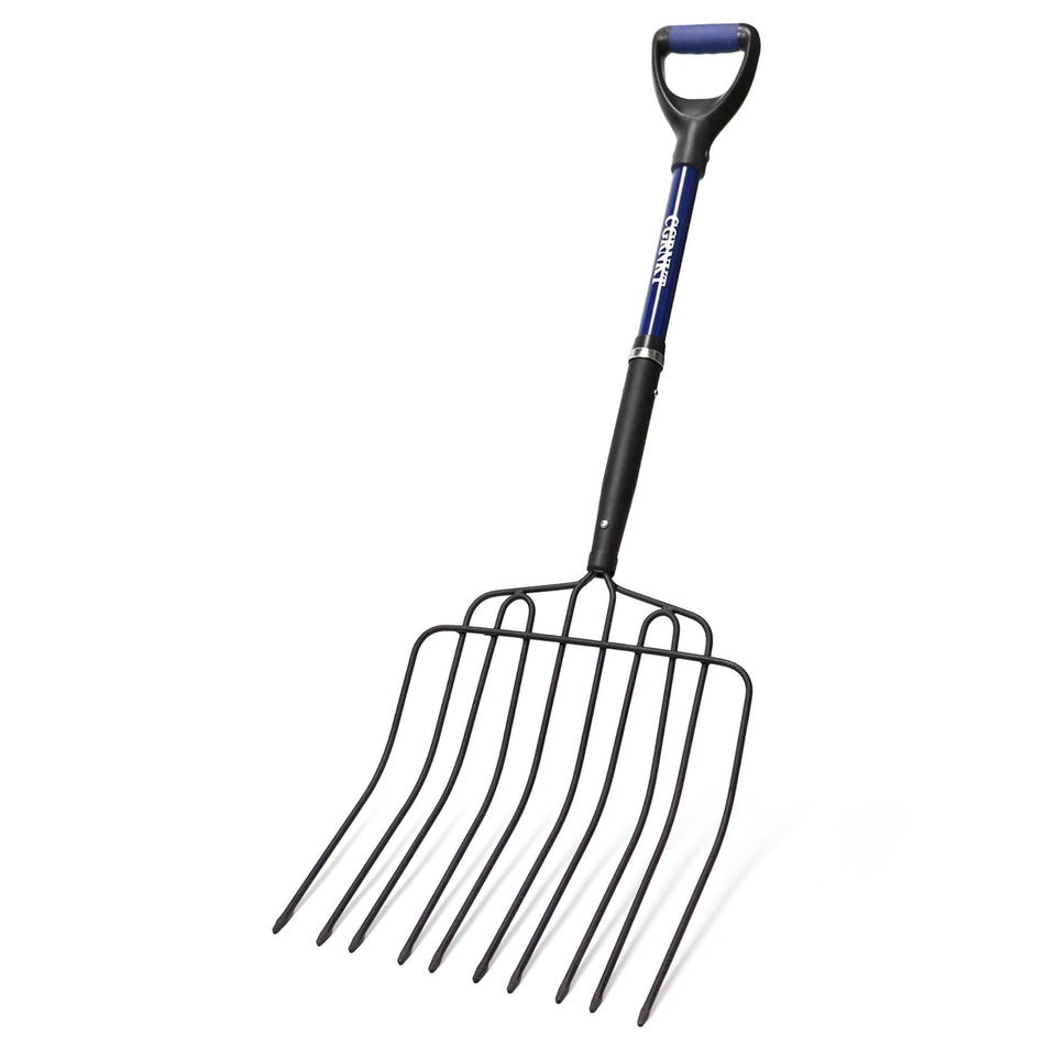 CGRNKT 10-tine pitch fork with wide head for moving bulk mulch quickly.