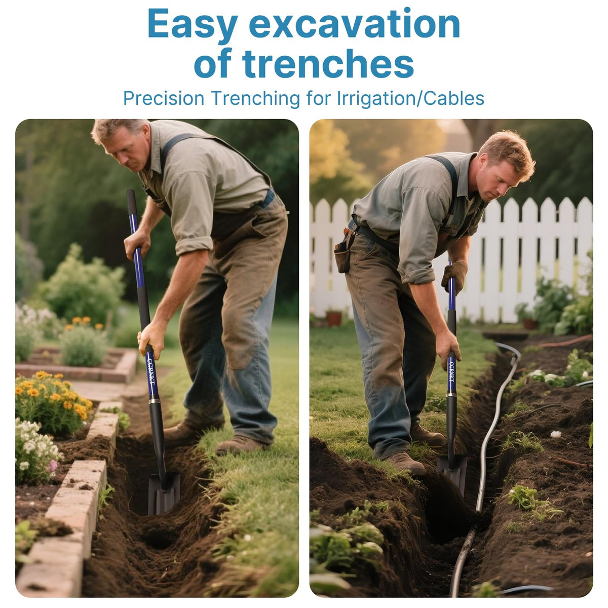 CGRNKT trench shovel blue handle with ergonomic grip for extended use.