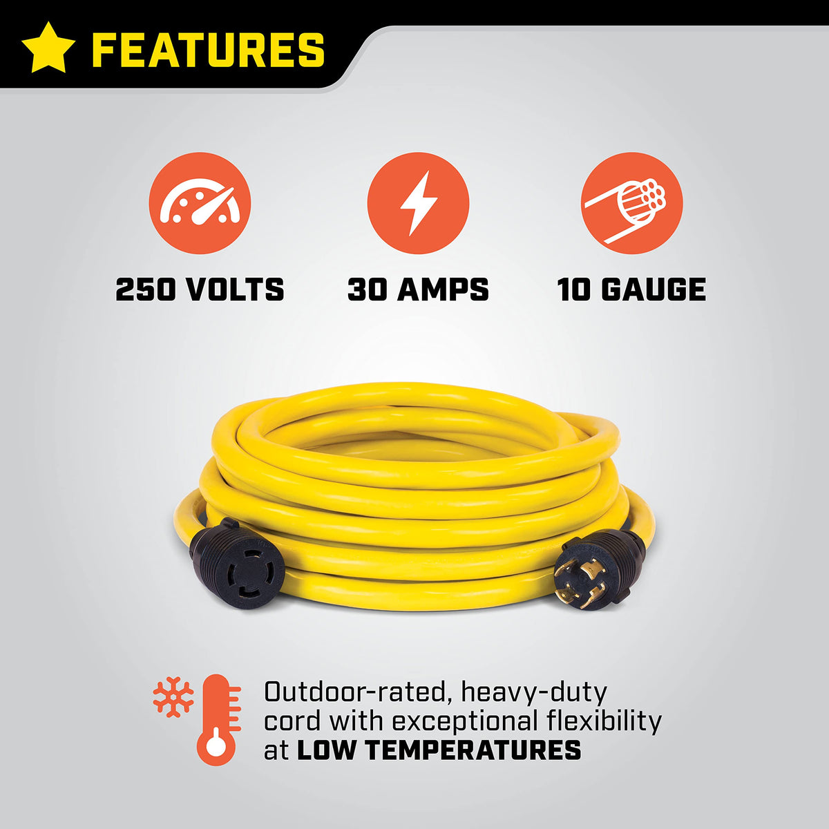 Champion generator cord features outdoor SJTW insulation for weather resistance.