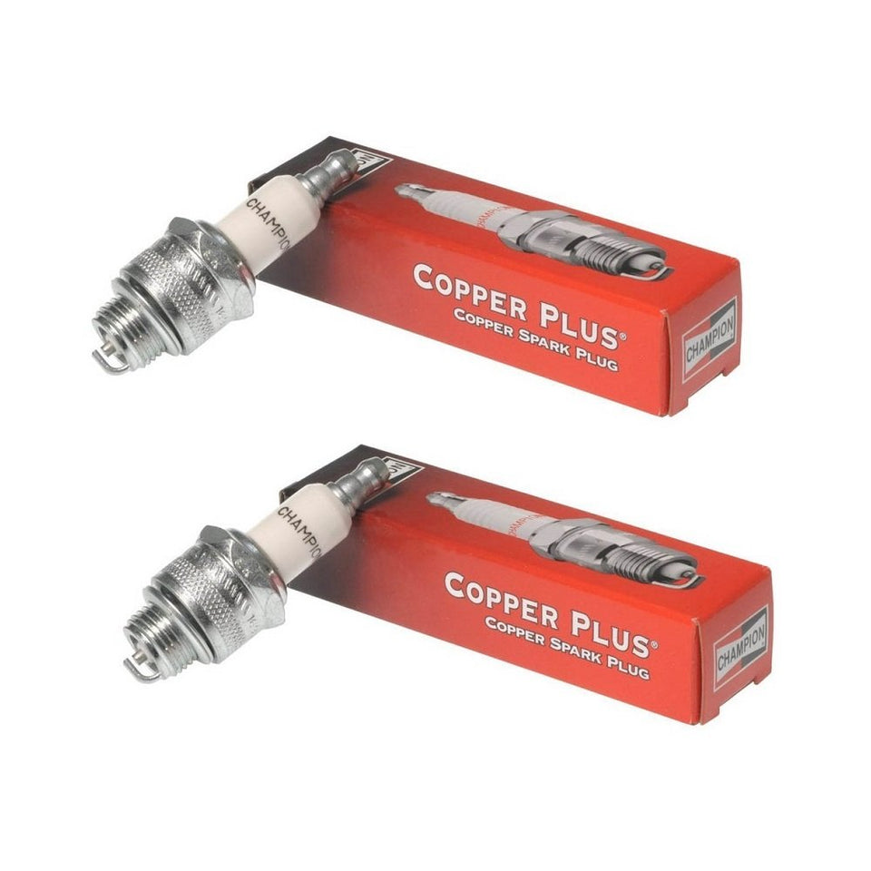 Champion CJ8 spark plug 2-pack for lawn equipment, improves ignition reliability.
