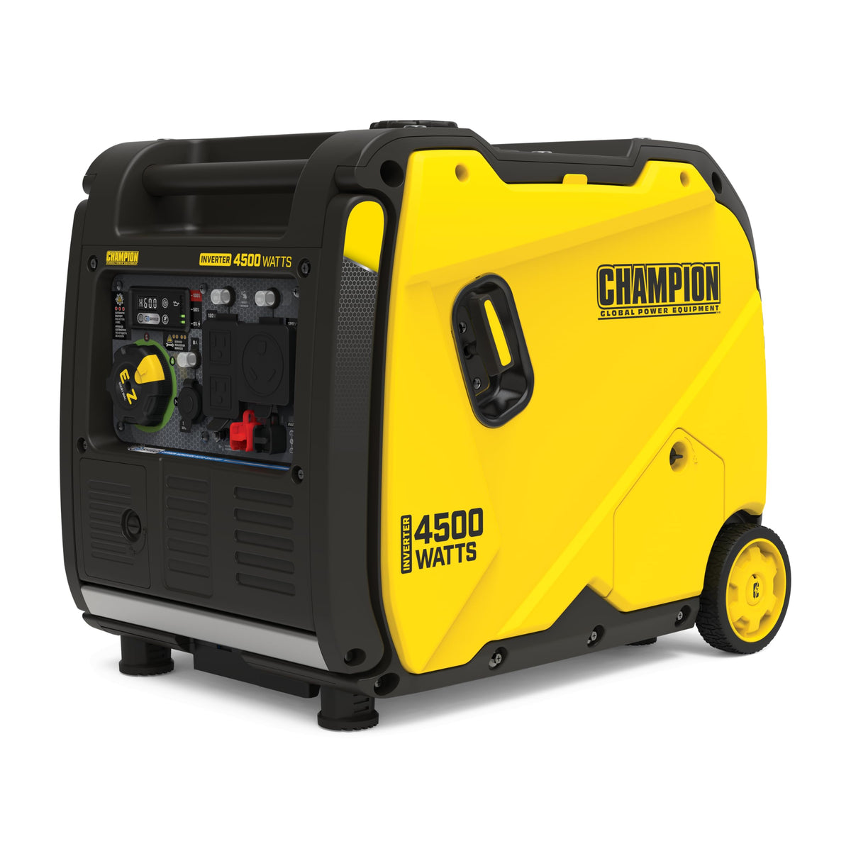 Champion Power Equipment 4500W inverter front view shows compact portable power ideal for camping