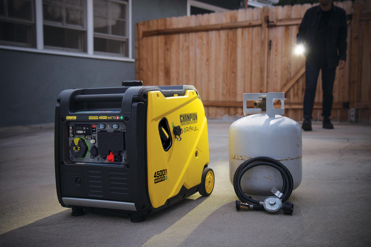 Champion Power Equipment never-flat tires and fold-down handle for easy transport.