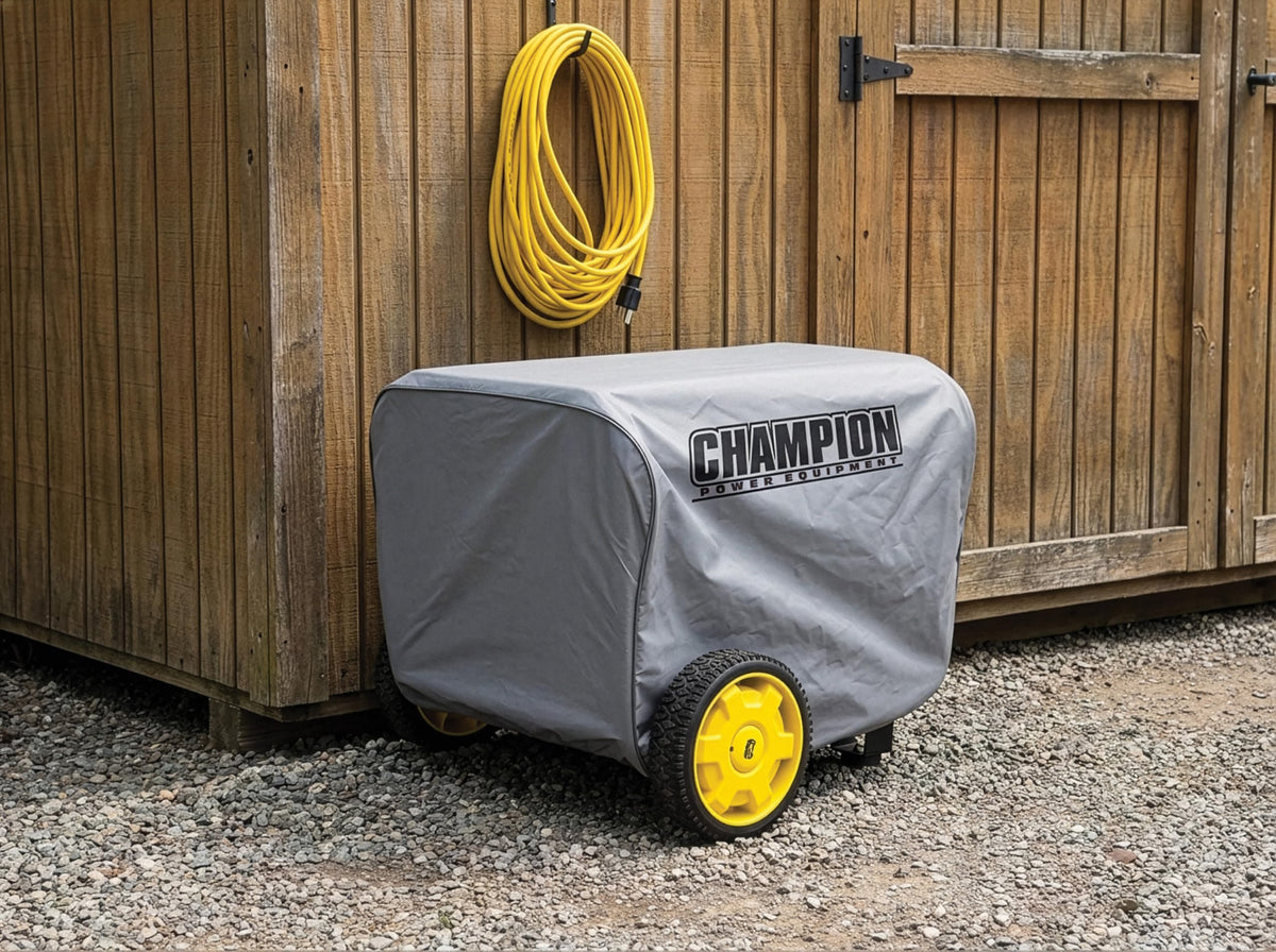 Champion weather cover with elastic base provides a snug, quick-cover solution for generators.