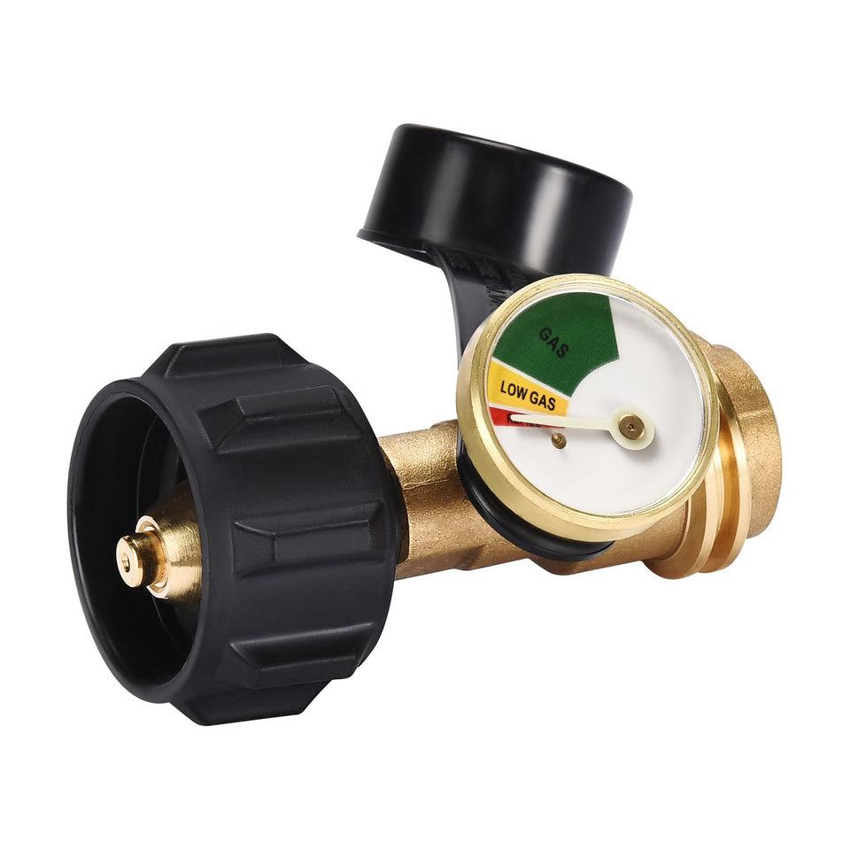 Champs propane tank gauge level indicator close-up with durable brass design for reliable readings