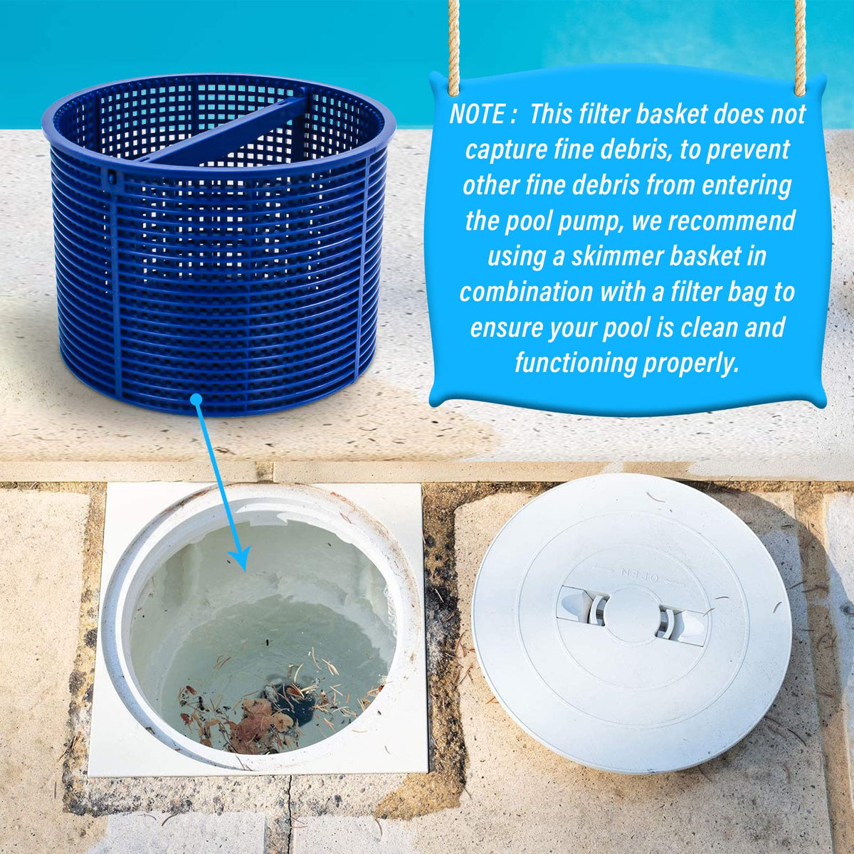 Blue ChangTa basket on pool edge, quick removal and swap