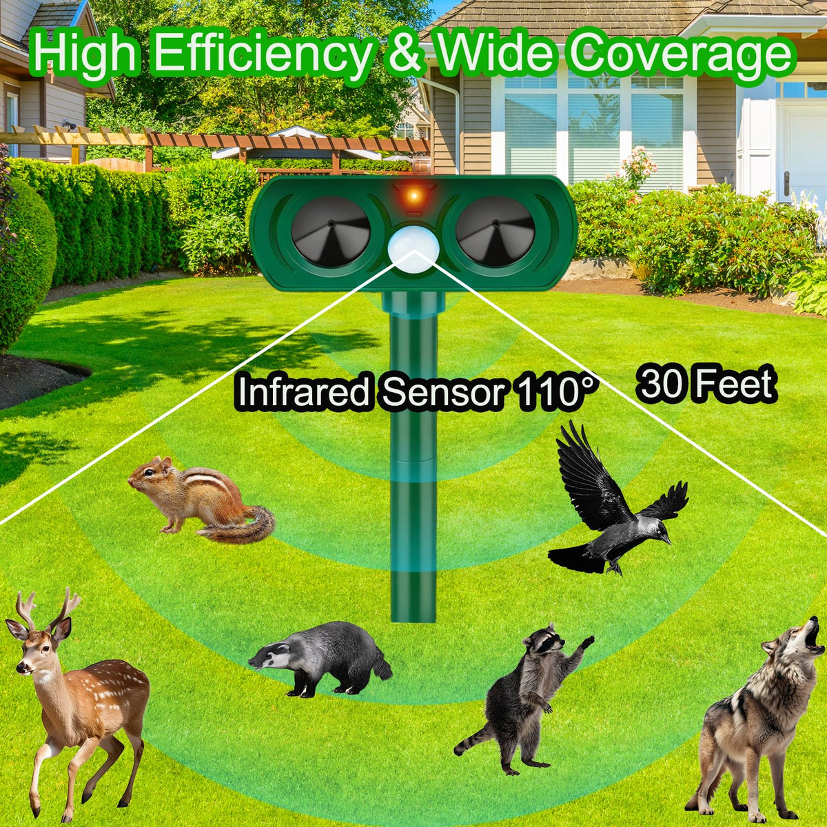 Chaohua ultrasonic speaker illustrating audible waves deterring pests outdoors