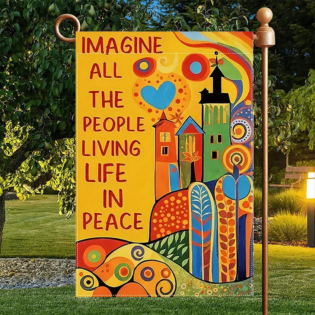 CHAONENG Imagine All the People garden flag size 12 by 18 inches fits most flagpoles.
