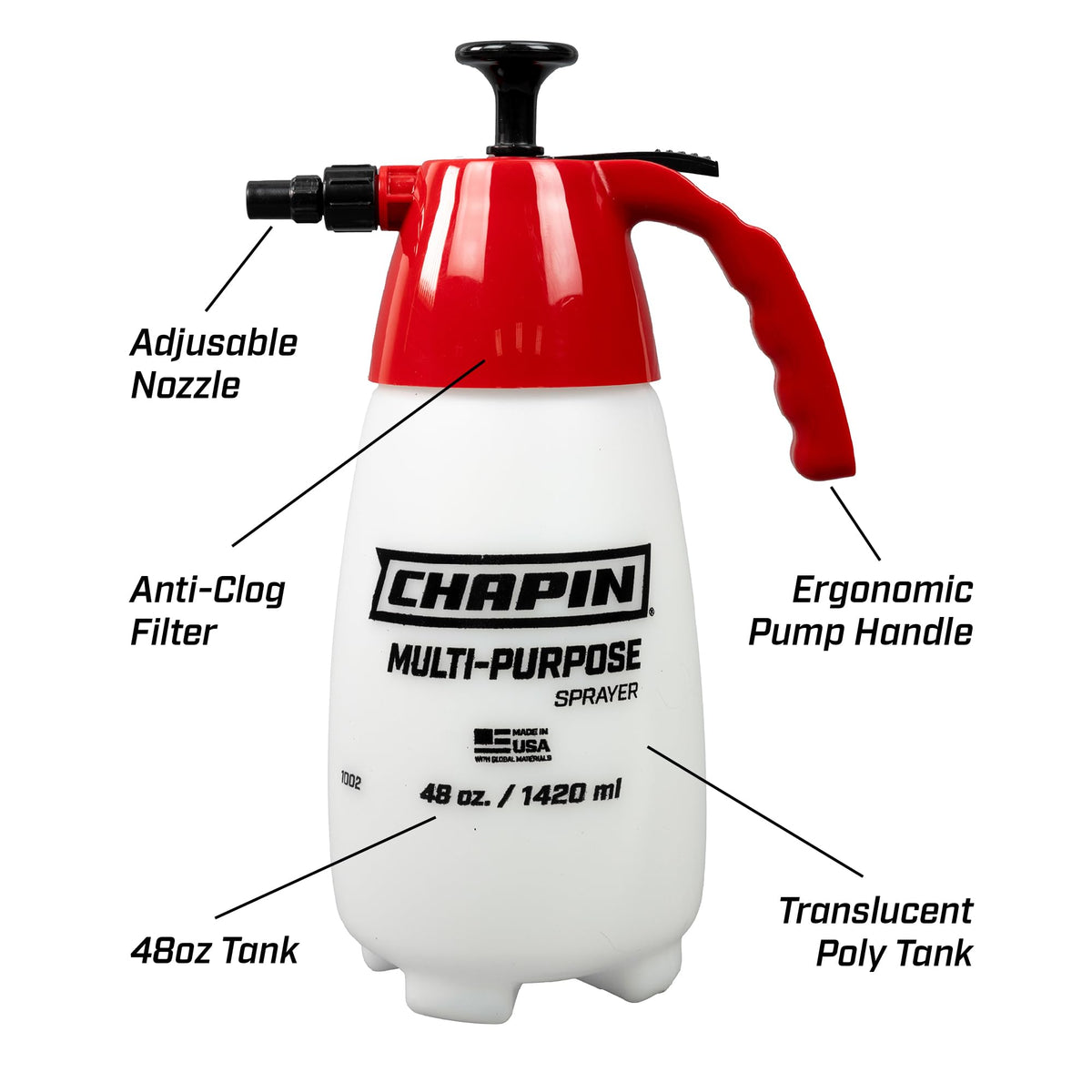 Chapin 1002 adjustable cone nozzle for fine mist or coarse spray.