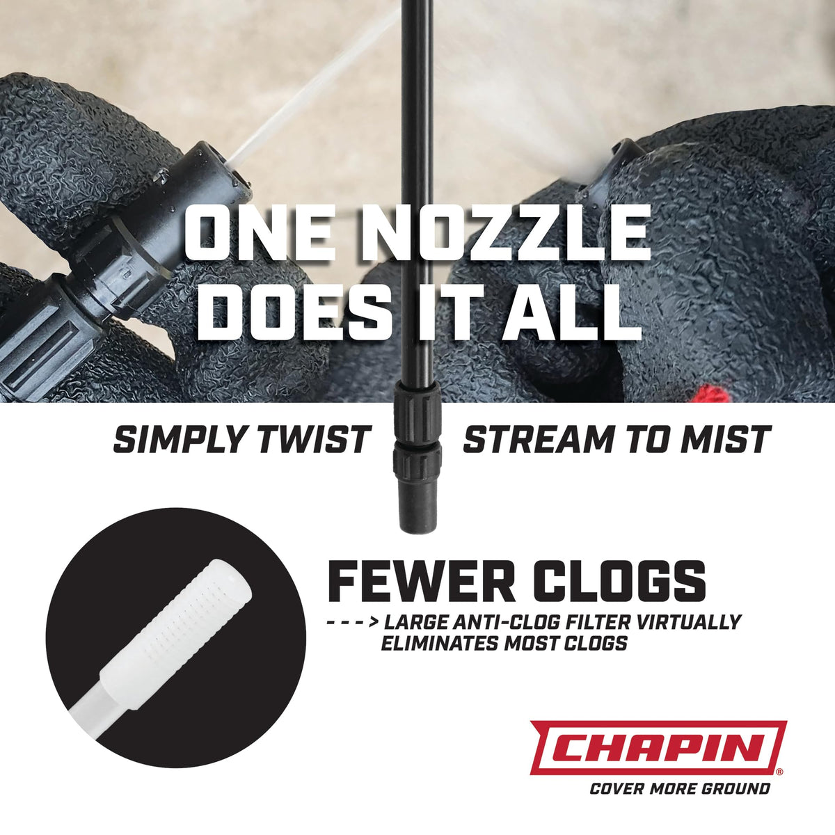 Chapin 20075 adjustable nozzle enables precise mist or stream spraying.