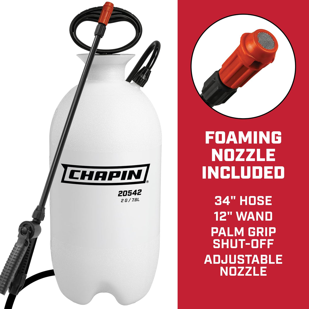 Chapin 20542 adjustable cone nozzle offering multiple spray patterns.