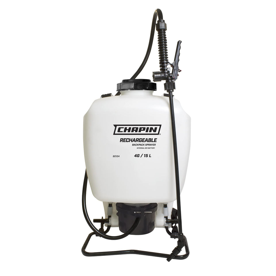 Chapin 60124 backpack sprayer with translucent 4-gallon tank for easy fill checks and monitoring.