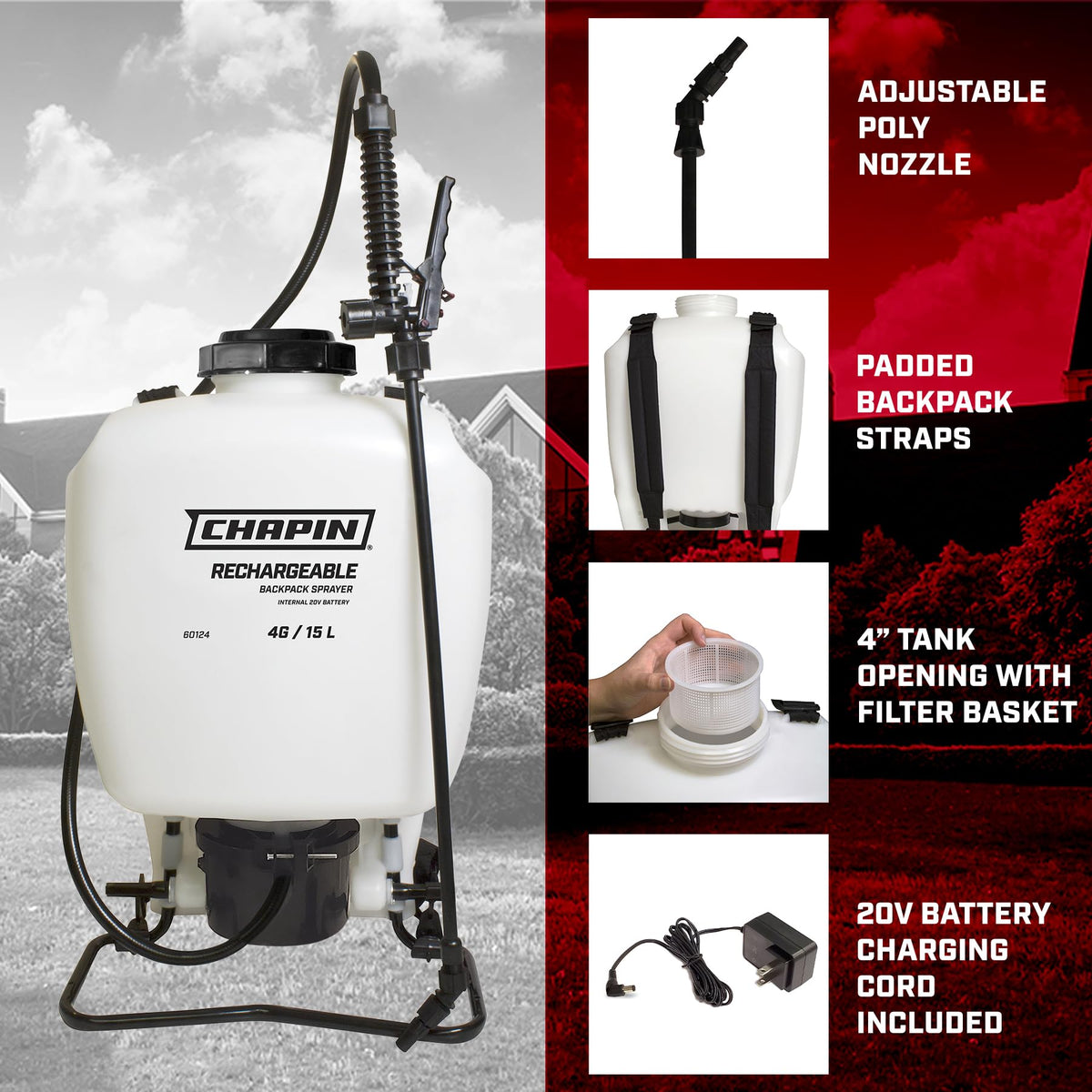 Chapin 60124 battery and charger ready for quick recharge between tasks.