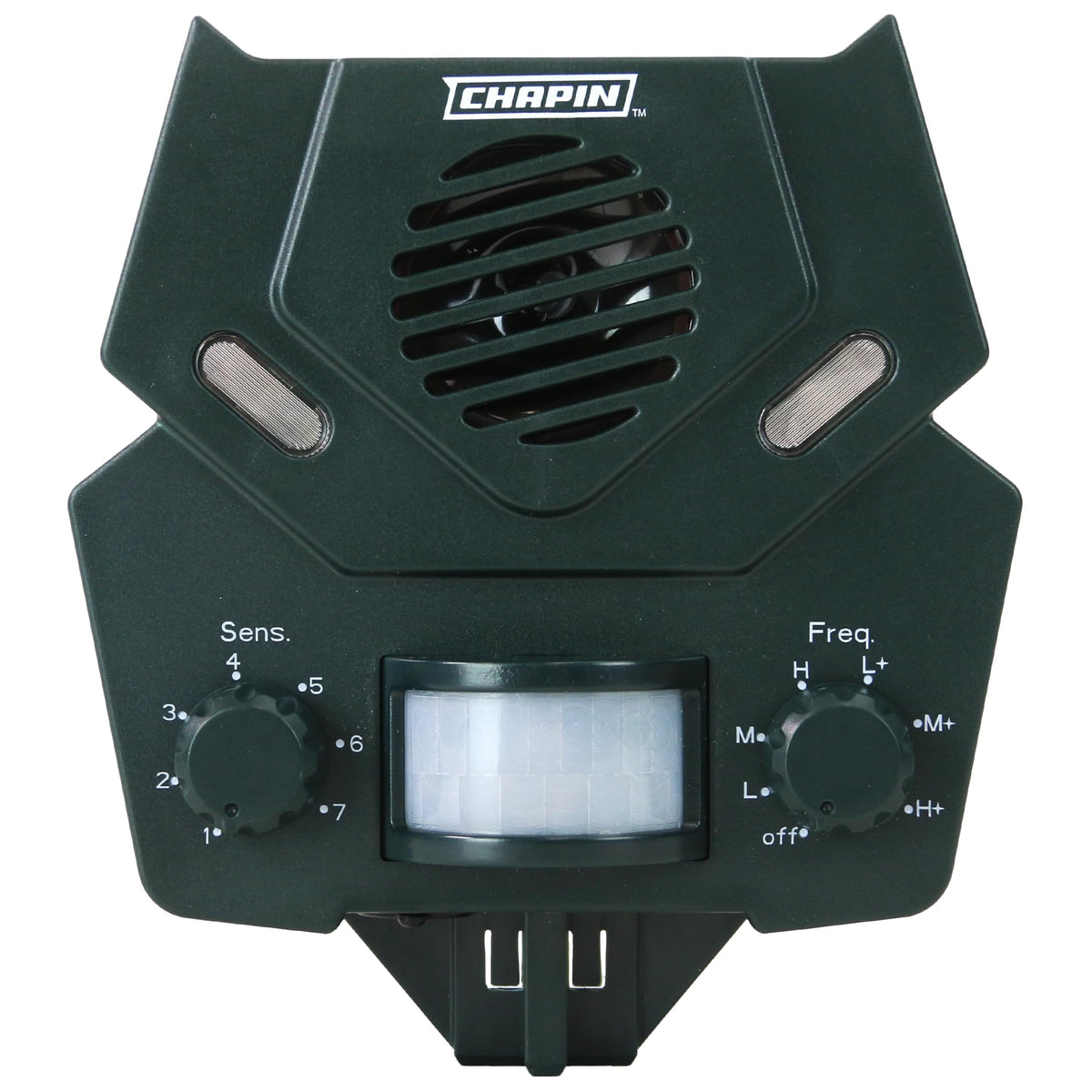 Chapin 76001 motion sensor activates on approach to deter wildlife.
