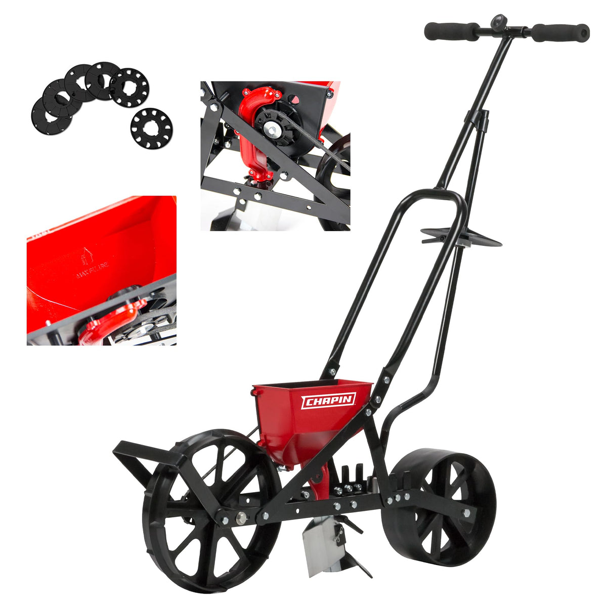 Chapin 8701B seeder front view shows sturdy frame for easy garden seeding