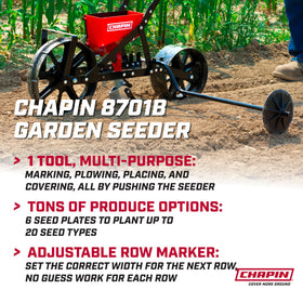 Chapin 8701B seeder side view highlights 1.5L hopper capacity for seeds