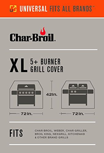 Char-Broil 5+ burner ripstop grill cover side view with secure strap for windy conditions
