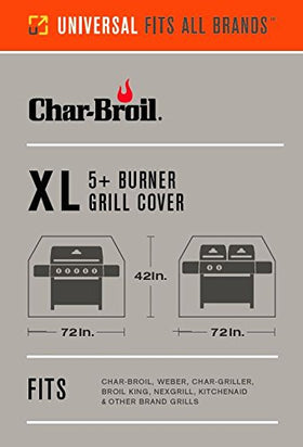 Char-Broil 5+ burner ripstop grill cover side view with secure strap for windy conditions