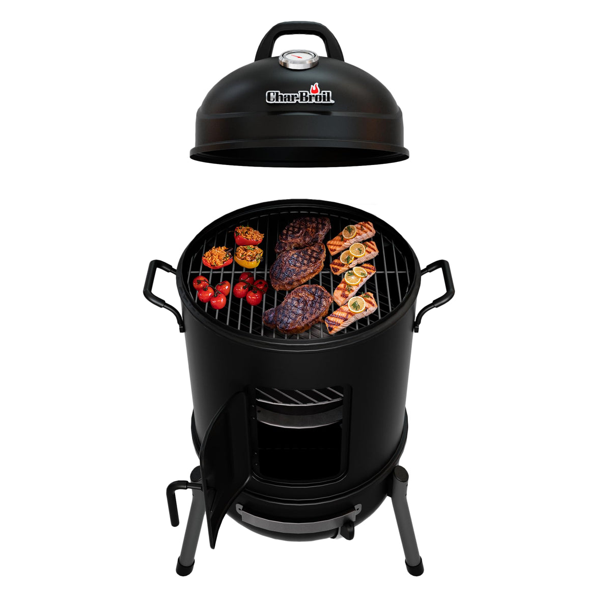 Char-Broil Bullet Smoker exterior highlights durable porcelain-coated steel for lasting use.