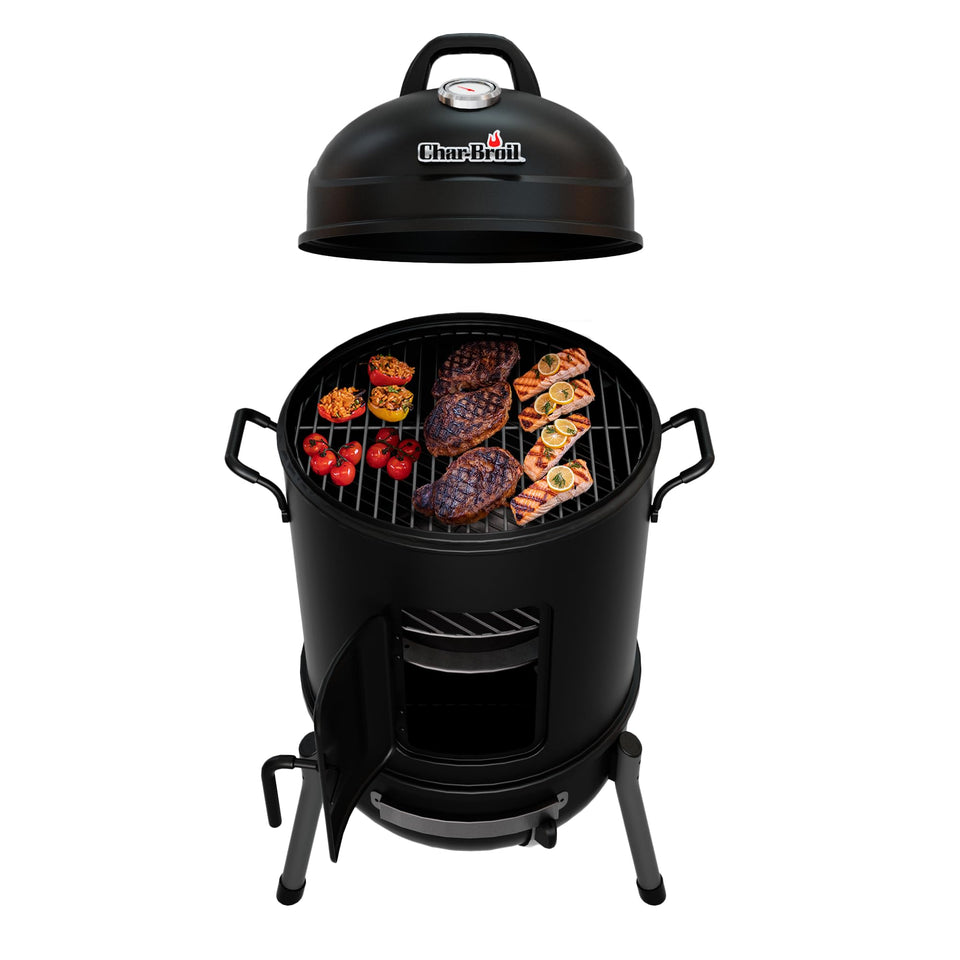 Char-Broil Bullet Smoker exterior highlights durable porcelain-coated steel for lasting use.