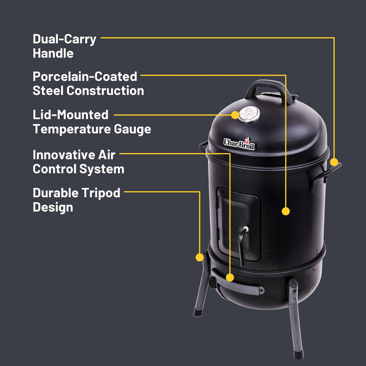 Char-Broil Bullet Smoker air control demonstrates precise temperature management for consistent smoking.