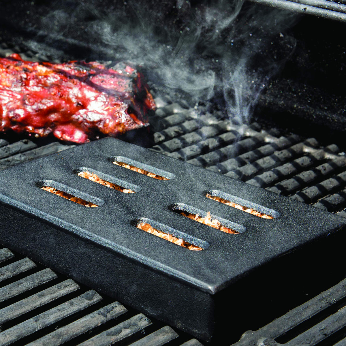 Char-Broil smoker box eight-inch size fits ample wood for smoking.