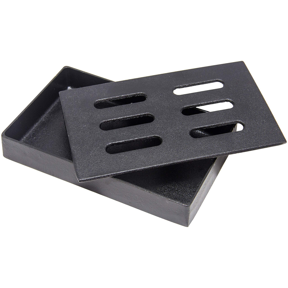 Char-Broil cast iron smoker box lid vents smoke for even cooking.