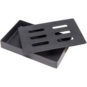 Char-Broil cast iron smoker box lid vents smoke for even cooking.