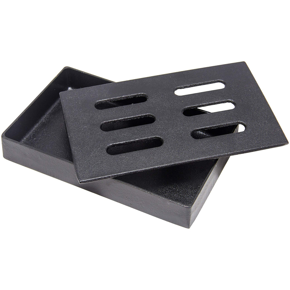 Char-Broil cast iron smoker box lid vents smoke for even cooking.