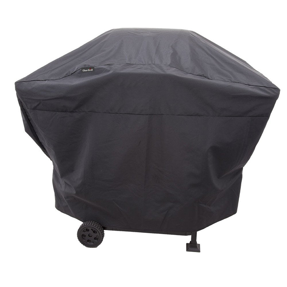 Char-Broil Performance Grill Cover on a 2-burner grill, front view, protecting from sun and rain