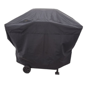 Char-Broil Performance Grill Cover on a 2-burner grill, front view, protecting from sun and rain