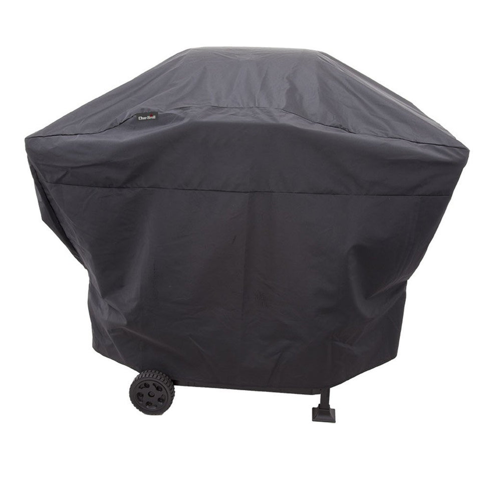 Char-Broil Performance Grill Cover on a 2-burner grill, front view, protecting from sun and rain