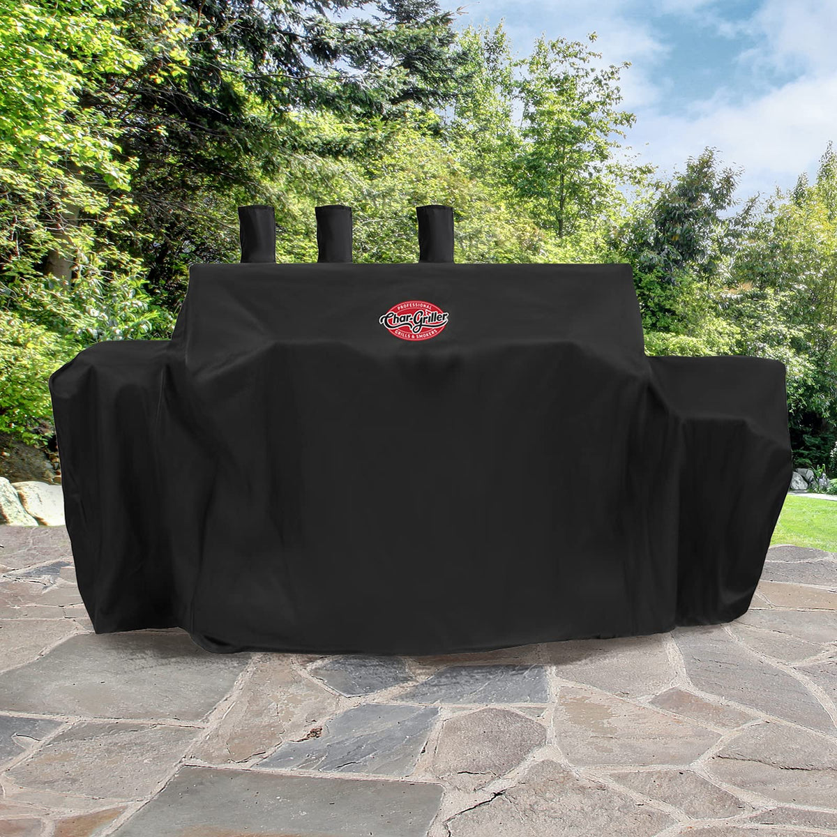 Weatherproofing detail shows PVC lining on Char-Griller 8080.