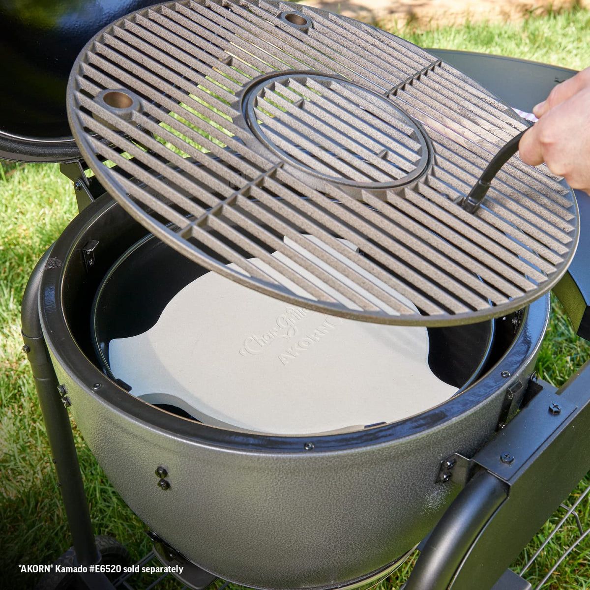 Char-Griller Smokin' Stone installed on AKORN Kamado, compact design fits tight spaces